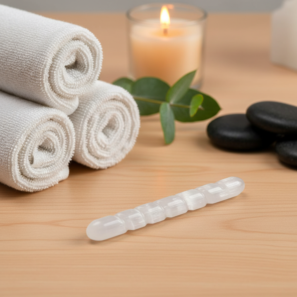 A translucent white selenite spiral wand resting on a wooden table beside rolled towels, stones, greenery, and a lit candle. — for Carpe Diem Dream