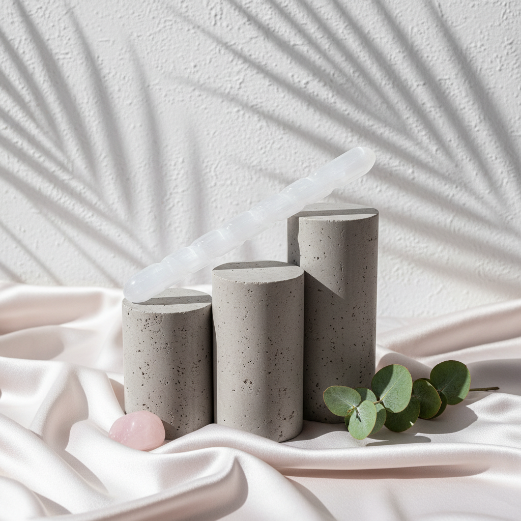A translucent white selenite spiral wand resting diagonally across neutral stone pedestals with soft botanical shadows. — for Carpe Diem Dream