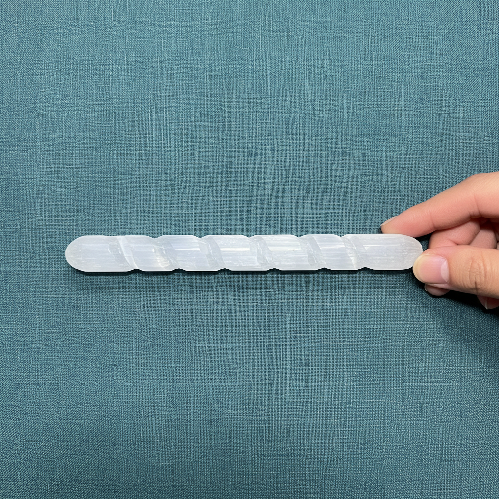 A translucent white selenite spiral wand held in a hand against a muted sage background to show its size and carved shape. — for Carpe Diem Dream