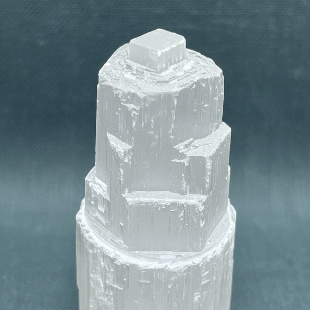 A close-up view of a translucent white selenite standing tower showing its carved tiers and natural striations. — for Carpe Diem Dream