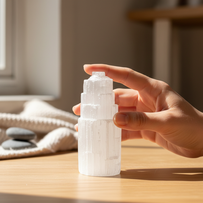 A hand gently holding a translucent white selenite standing tower on a wooden table in soft natural light. — for Carpe Diem Dream