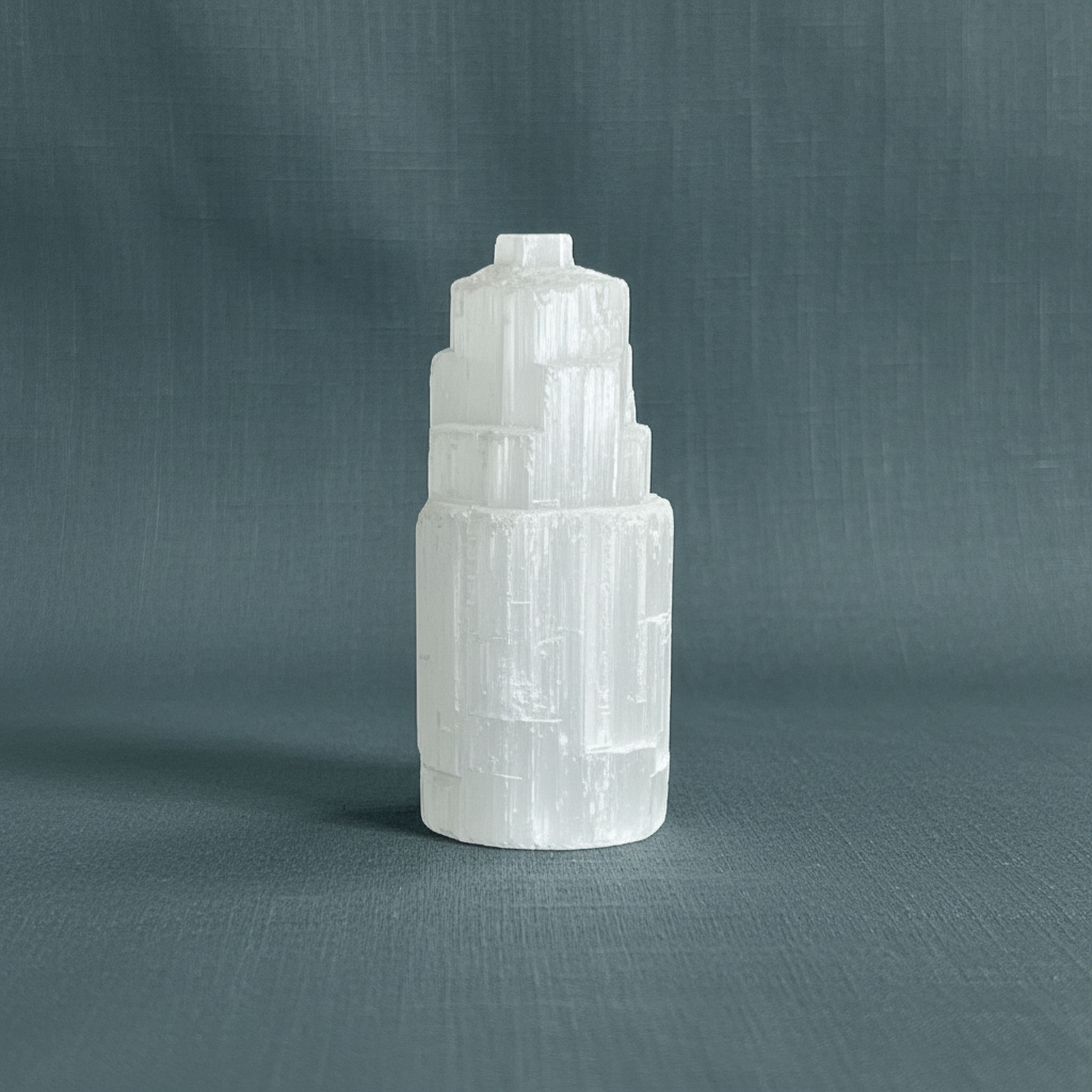 A translucent white selenite standing tower displayed upright on a muted sage linen background. — for Carpe Diem Dream