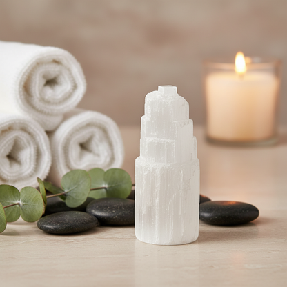 A translucent white selenite standing tower displayed on a wooden surface beside rolled towels, smooth stones, greenery, and a lit candle in soft natural light. — for Carpe Diem Dream