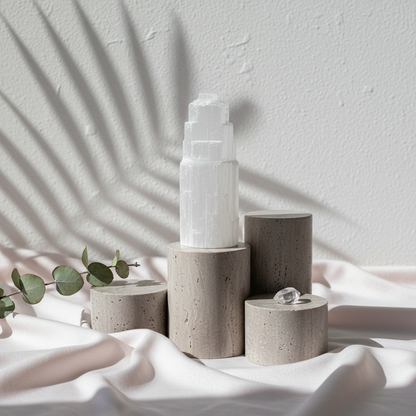 A translucent white selenite standing tower resting on neutral stone pedestals with soft botanical shadows. — for Carpe Diem Dream