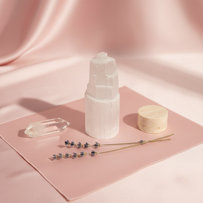 A translucent white selenite standing tower arranged in a ritual setting on a soft blush surface with crystals, lavender sprigs, and a small wooden bowl. — for Carpe Diem Dream