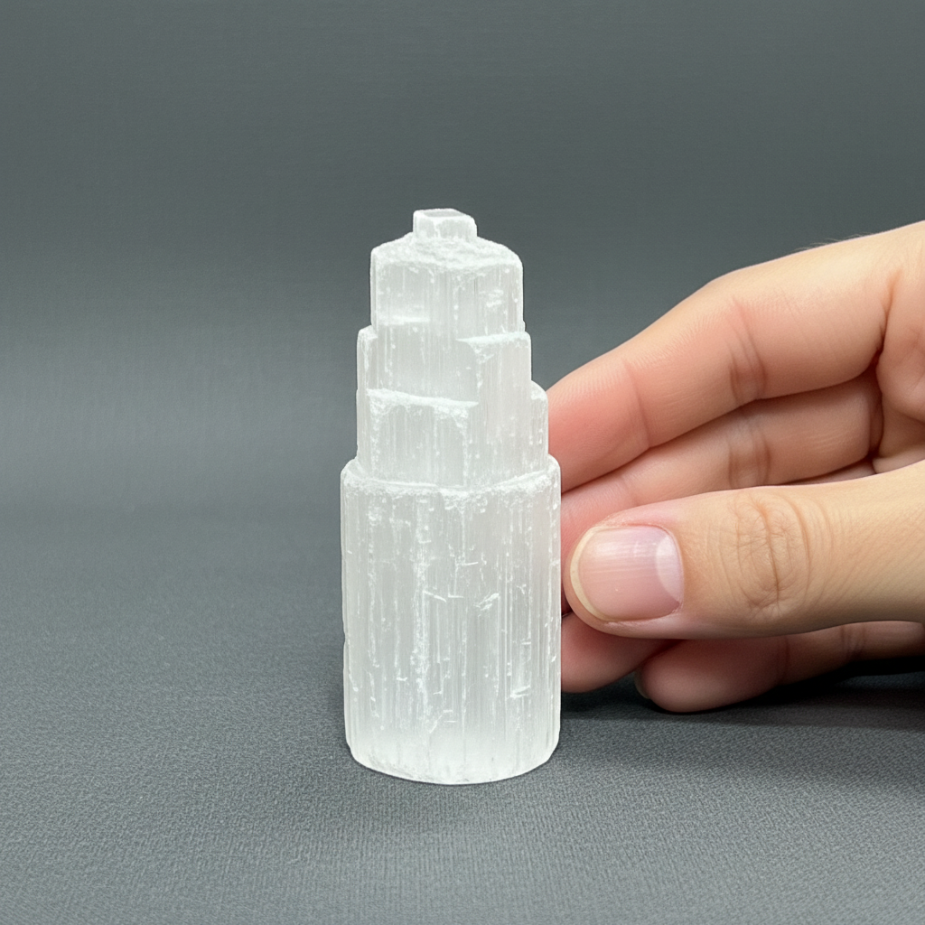 A translucent white selenite standing tower shown beside a hand on a neutral gray background to demonstrate its size. — for Carpe Diem Dream