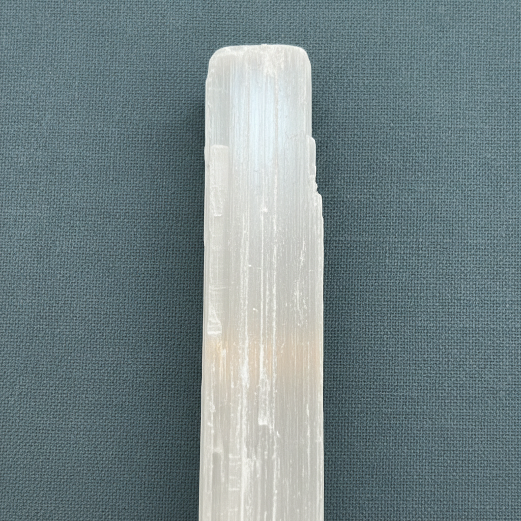 A close-up view of a rough selenite stick showing natural striations and translucent texture against a muted teal fabric background. — for Carpe Diem Dream