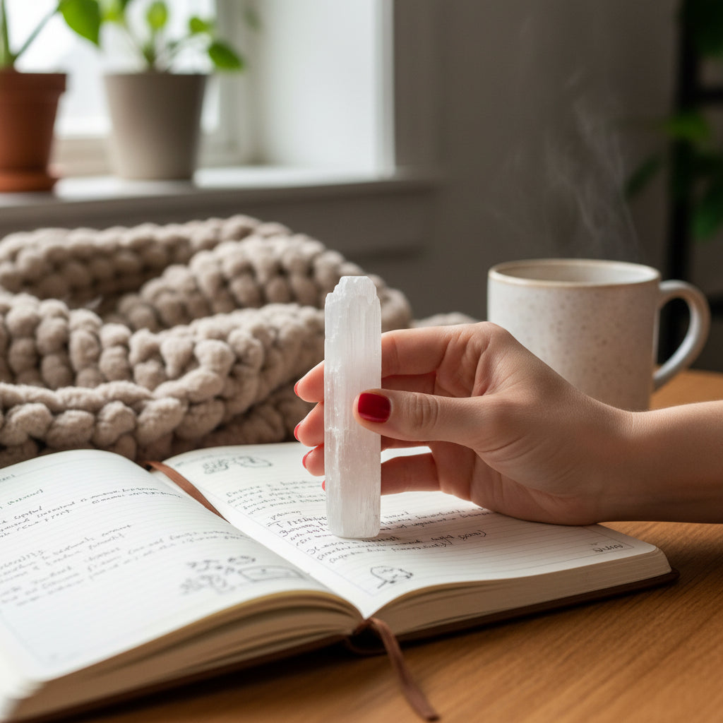 A hand holding a rough selenite stick above an open journal on a wooden table beside a mug and knitted blanket. — for Carpe Diem Dream
