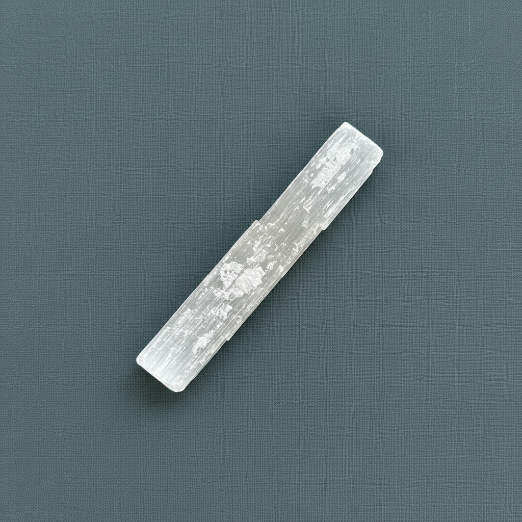 A rough selenite stick displayed diagonally on a muted teal textured background. — for Carpe Diem Dream

