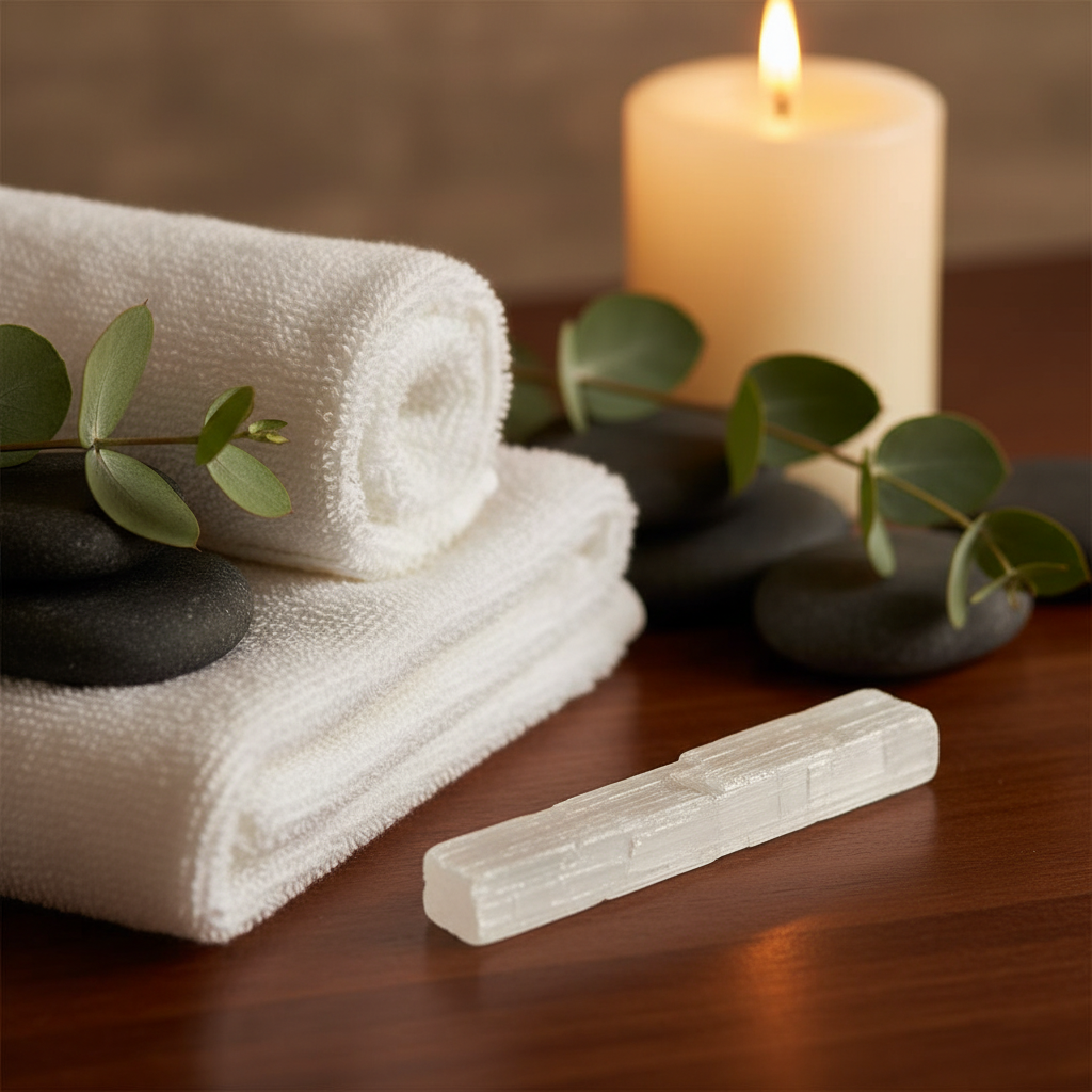 A rough selenite stick resting on a wooden surface beside rolled white towels, spa stones, greenery, and a lit candle. — for Carpe Diem Dream
