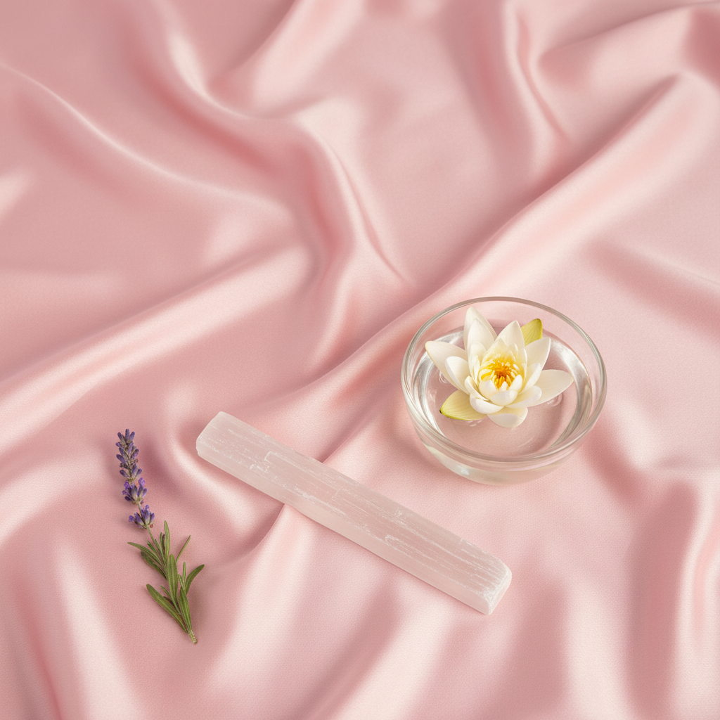 A rough selenite stick displayed diagonally on soft pink silk beside a glass bowl with a floating lotus flower and a lavender sprig. — for Carpe Diem Dream
