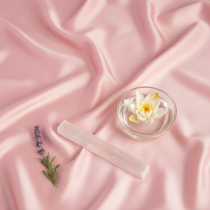 A rough selenite stick displayed diagonally on soft pink silk beside a glass bowl with a floating lotus flower and a lavender sprig. — for Carpe Diem Dream

