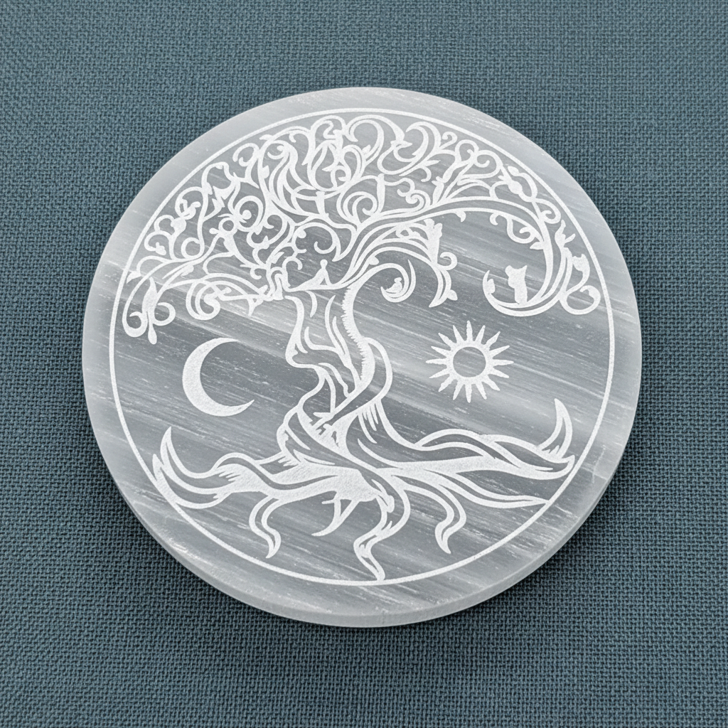 A close-up view of a translucent white selenite Tree of Life round charging plate showing its engraved design and smooth polished surface. — for Carpe Diem Dream