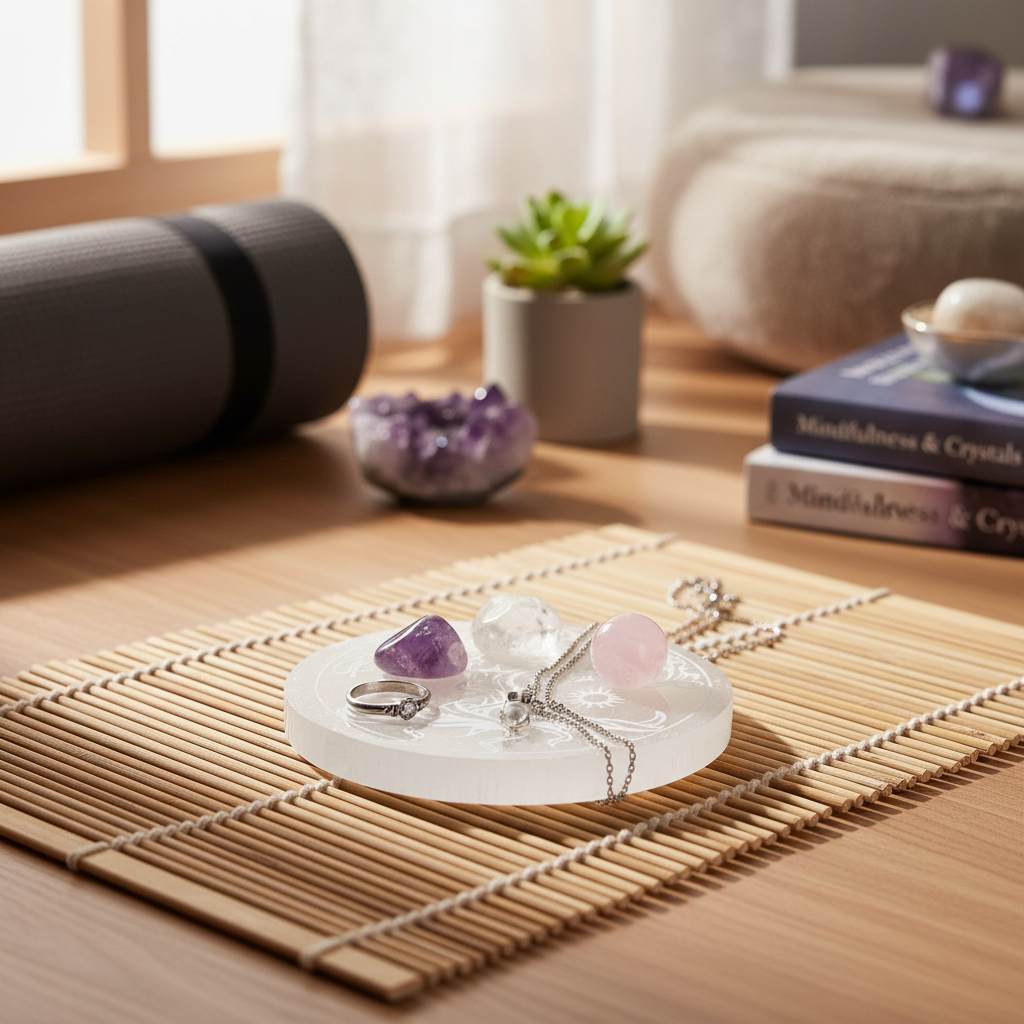 A translucent white selenite Tree of Life round charging plate holding small crystals and jewelry on a bamboo mat beside books and a meditation cushion in soft natural light. — for Carpe Diem Dream