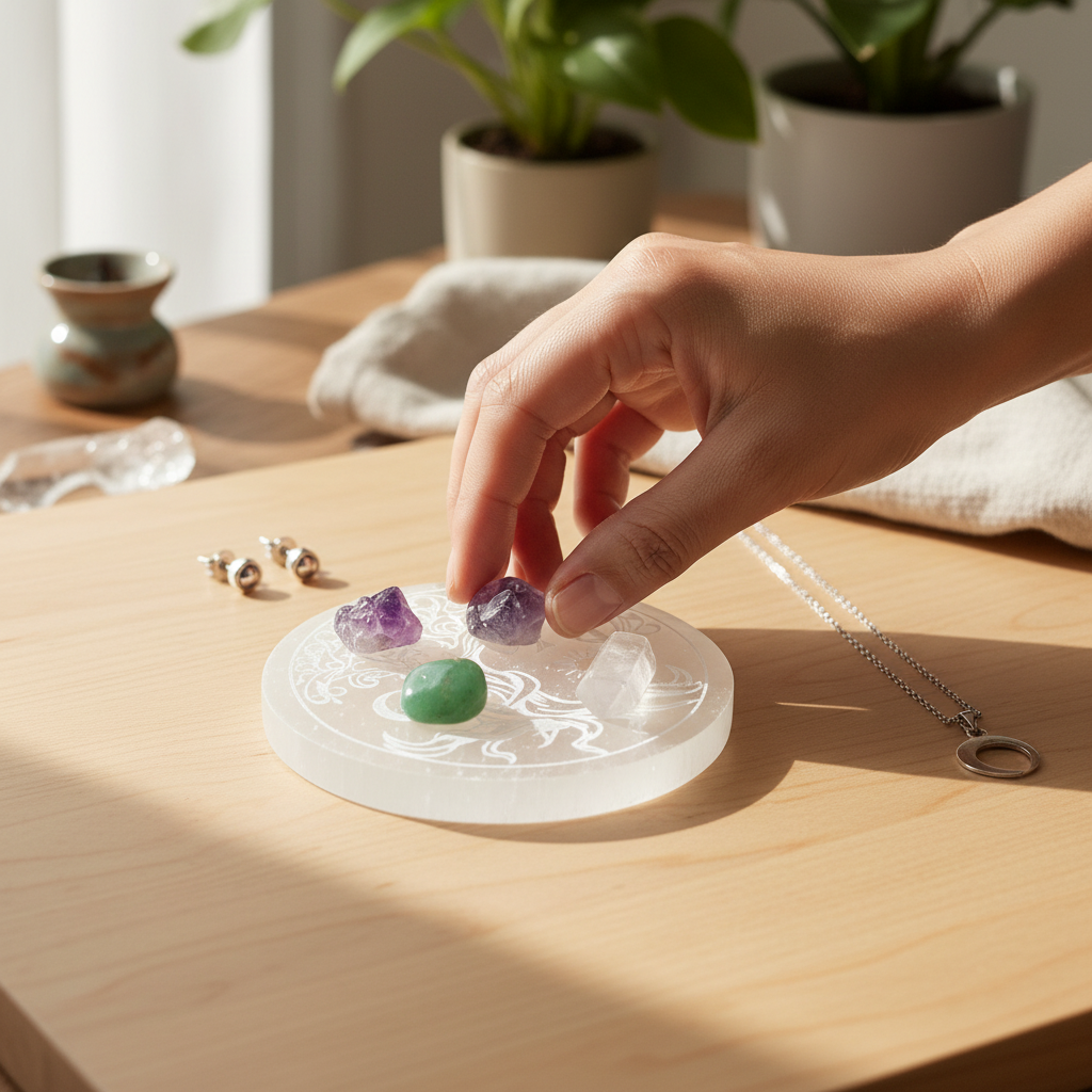 A translucent white selenite Tree of Life round charging plate being used to hold small crystals on a wooden table in soft natural light. — for Carpe Diem Dream