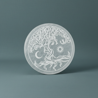 A translucent white selenite Tree of Life round charging plate displayed upright on a muted sage linen background. — for Carpe Diem Dream