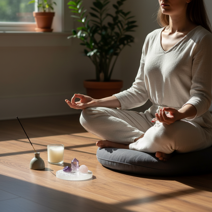 A translucent white selenite Tree of Life round charging plate holding small crystals beside a lit candle and incense in front of a person meditating on a floor cushion in soft natural light. — for Carpe Diem Dream