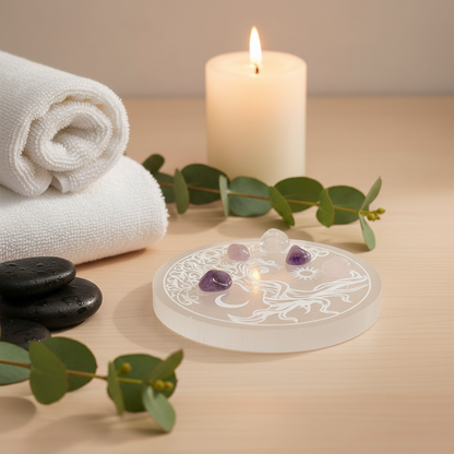 A translucent white selenite Tree of Life round charging plate holding small crystals on a wooden surface beside a lit candle, rolled towels, and greenery. — for Carpe Diem Dream