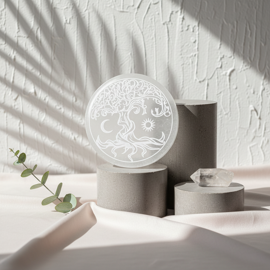 A translucent white selenite Tree of Life round charging plate resting on neutral stone pedestals with soft botanical shadows. — for Carpe Diem Dream