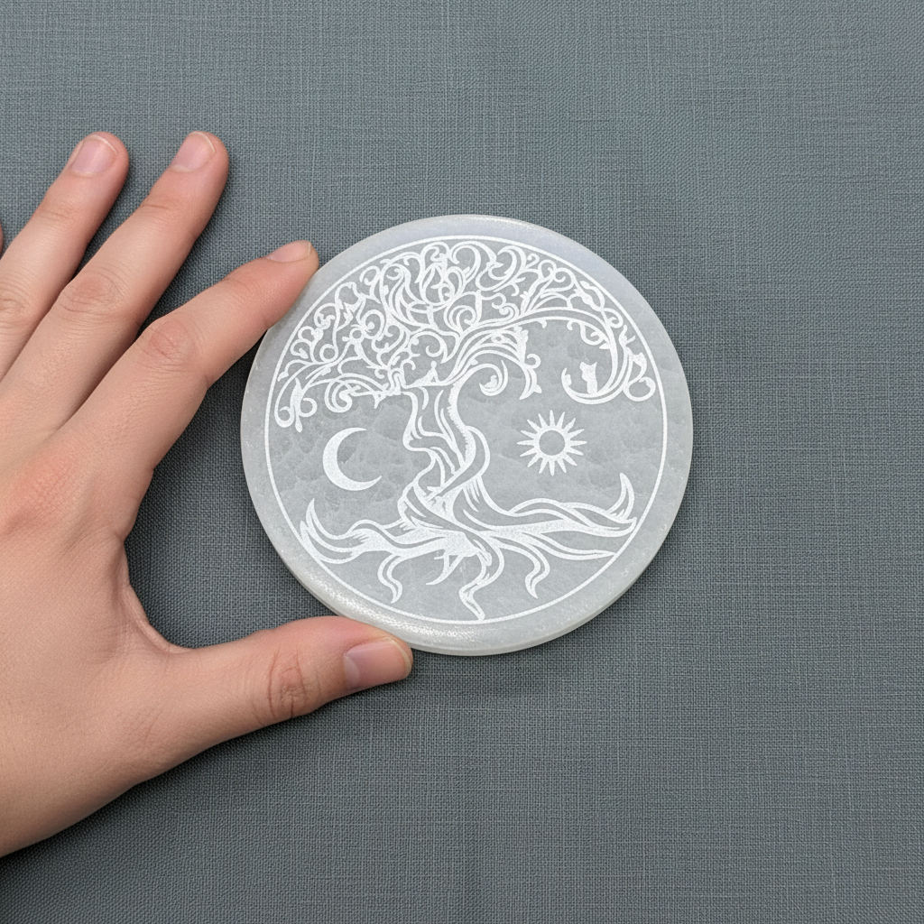 A translucent white selenite Tree of Life round charging plate shown beside a hand on a muted sage linen background to demonstrate its size. — for Carpe Diem Dream