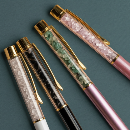 A close-up view of self-cleansing crystal ballpoint pens highlighting the natural stone chips and gold-toned hardware against a muted teal background. — for Carpe Diem Dream