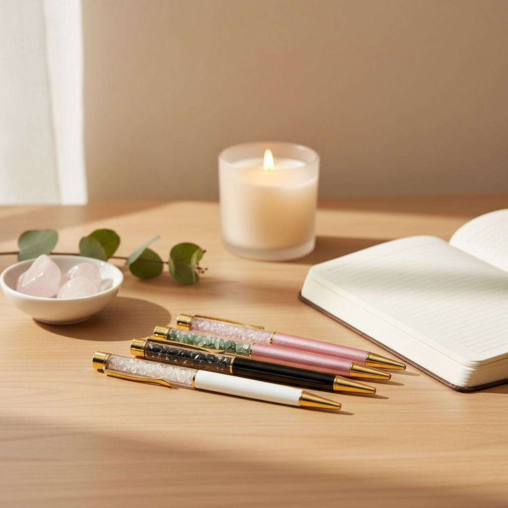 Self-cleansing crystal ballpoint pens resting on a wooden desk beside an open journal, candle, and small bowl of stones in a calm writing space. — for Carpe Diem Dream