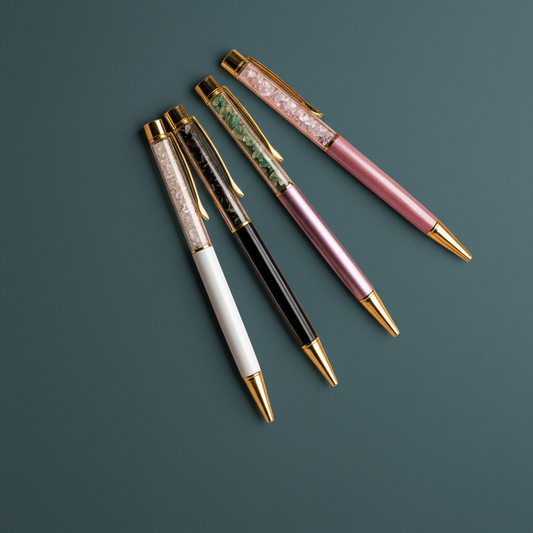 A set of self-cleansing crystal ballpoint pens with gold accents displayed on a deep teal background. — for Carpe Diem Dream