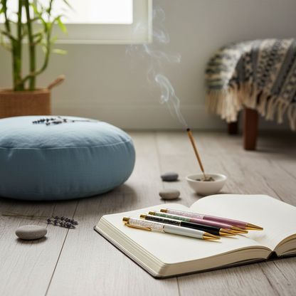 Self-cleansing crystal ballpoint pens resting on an open journal beside incense and meditation cushions in a serene mindfulness setting. — for Carpe Diem Dream
