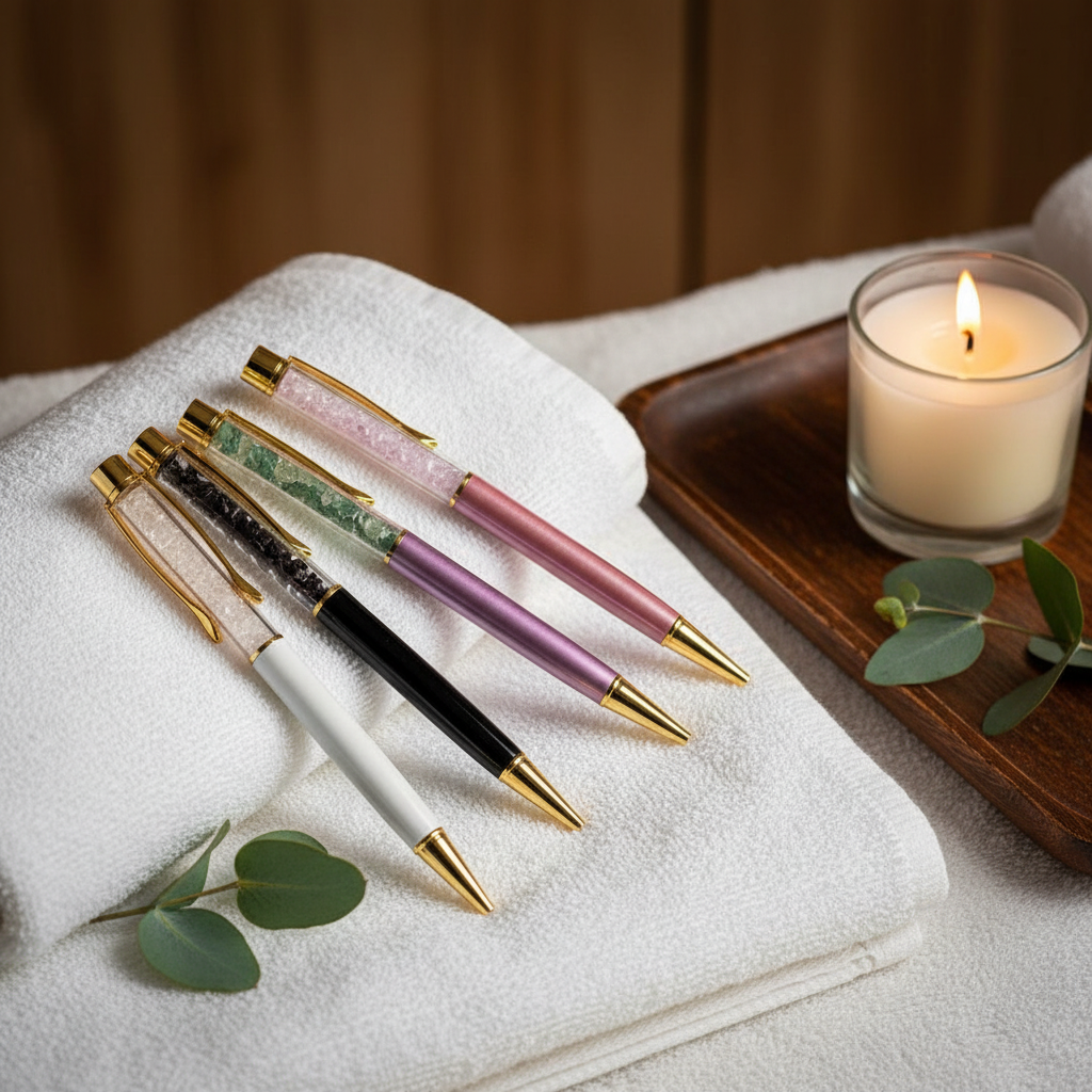 A set of self-cleansing crystal ballpoint pens resting on folded white linens beside a lit candle in a calming spa-inspired setting. — for Carpe Diem Dream