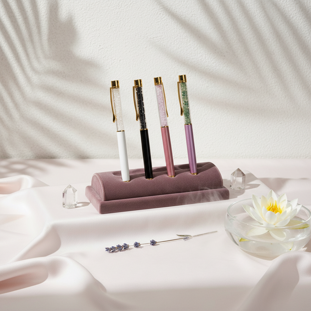 Self-cleansing crystal ballpoint pens displayed upright on a velvet stand with crystals and a floating lotus candle on softly draped silk fabric. — for Carpe Diem Dream