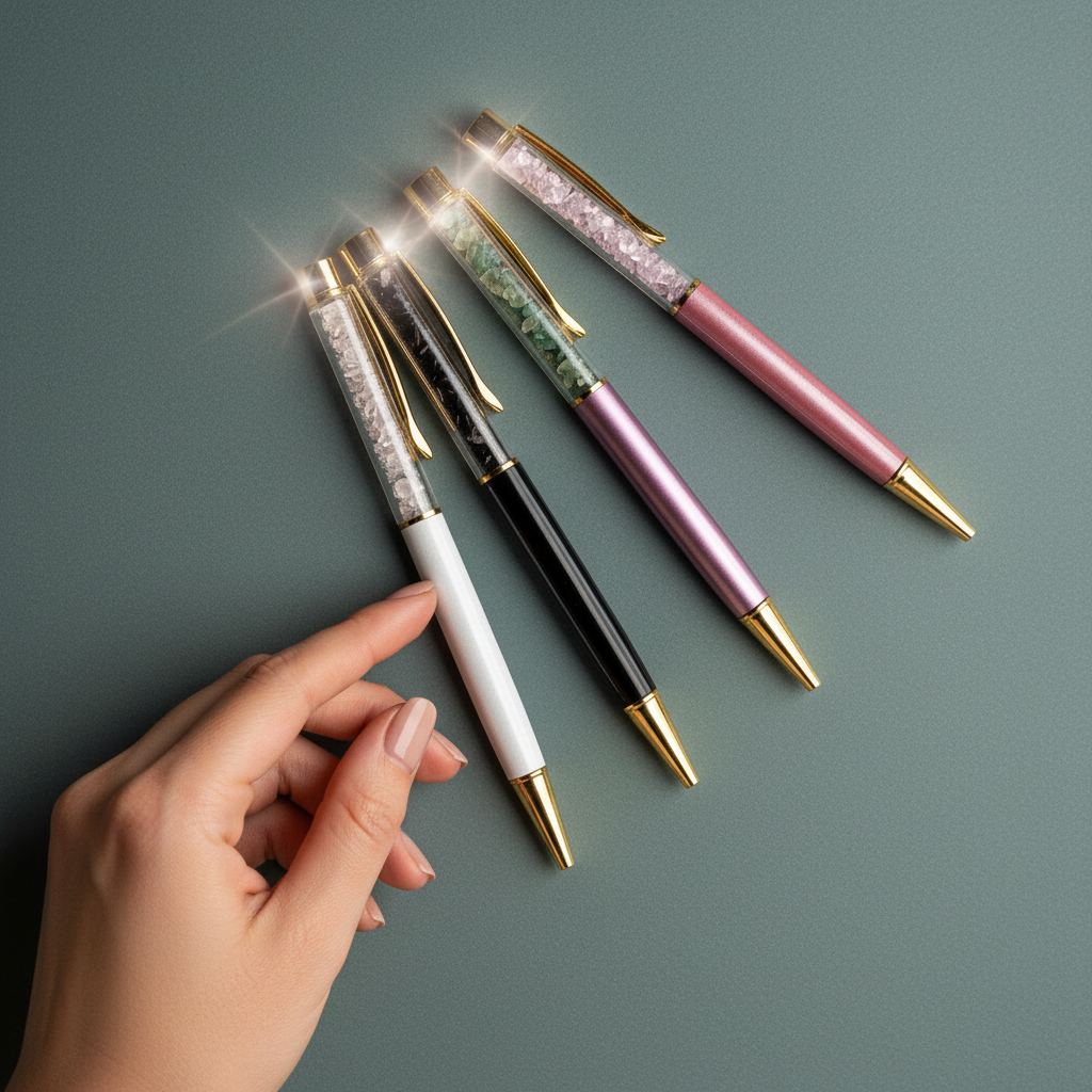 A hand gently touching one of the self-cleansing crystal ballpoint pens alongside the full set on a muted teal background to show scale and detail. — for Carpe Diem Dream