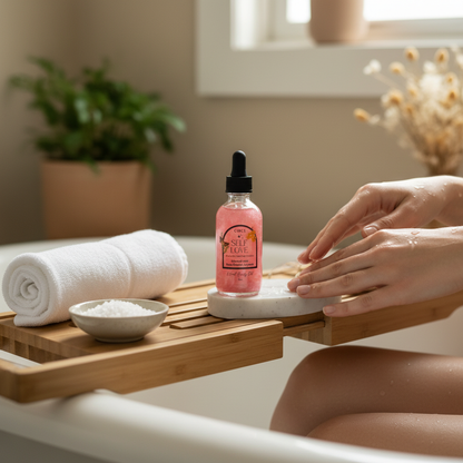 Self Love Ritual Body Oil bottle placed on a wooden bath tray beside spa items during a relaxing self-care ritual. — for Carpe Diem Dream