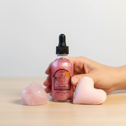 Hand holding a Self Love Ritual Body Oil bottle beside rose quartz heart crystals showing scale and symbolism. — for Carpe Diem Dream