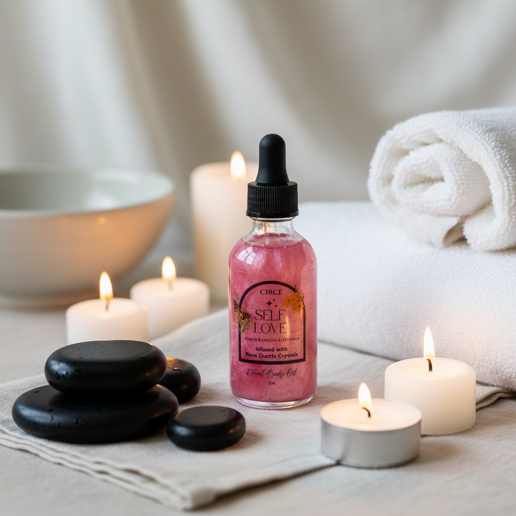 Self Love Ritual Body Oil bottle surrounded by candles, spa stones, and rolled towels in a calming spa setting. — for Carpe Diem Dream