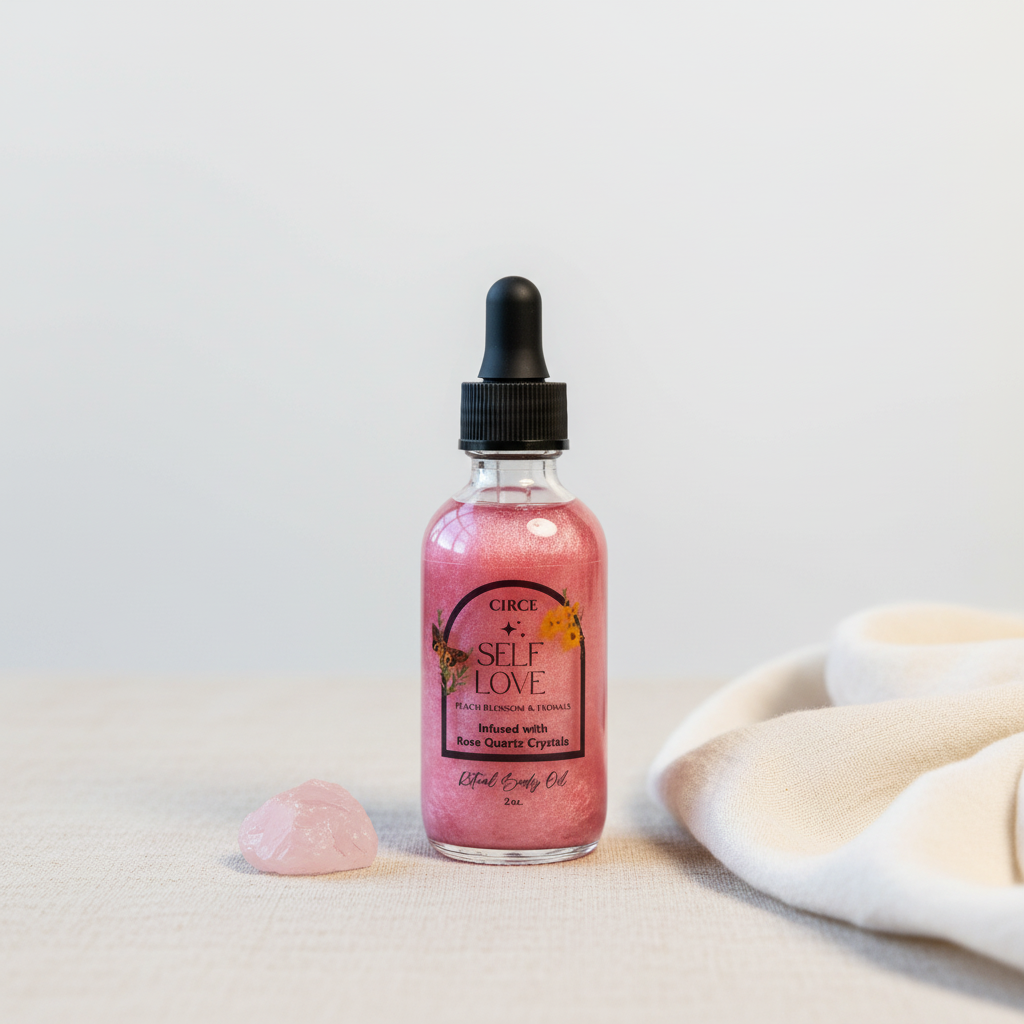 Self Love Ritual Body Oil bottle with rose quartz crystal beside it on a soft neutral fabric surface in a minimalist studio setting. — for Carpe Diem Dream