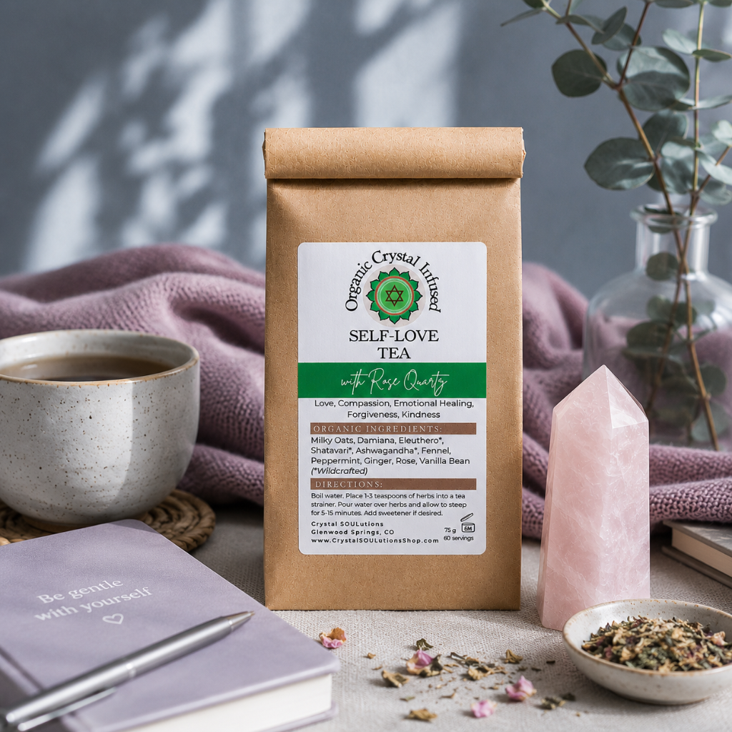 Self-Love Tea – Organic Crystal Infused loose-leaf herbal tea with Rose Quartz energy styled in a peaceful self-care setting with tea cup, journal, and crystal accents. — Carpe Diem Dream