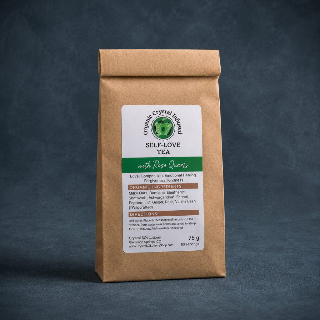 Self-Love Tea – Organic Crystal Infused 75g loose-leaf herbal tea with Rose Quartz crystal energy, displayed as a standalone kraft paper package on #374F59 textured linen with cool-toned diffused lighting and soft studio shadows. — for Carpe Diem Dream