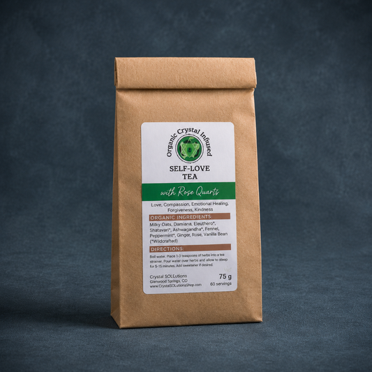 Self-Love Tea – Organic Crystal Infused 75g loose-leaf herbal tea with Rose Quartz crystal energy, displayed as a standalone kraft paper package on #374F59 textured linen with cool-toned diffused lighting and soft studio shadows. — for Carpe Diem Dream