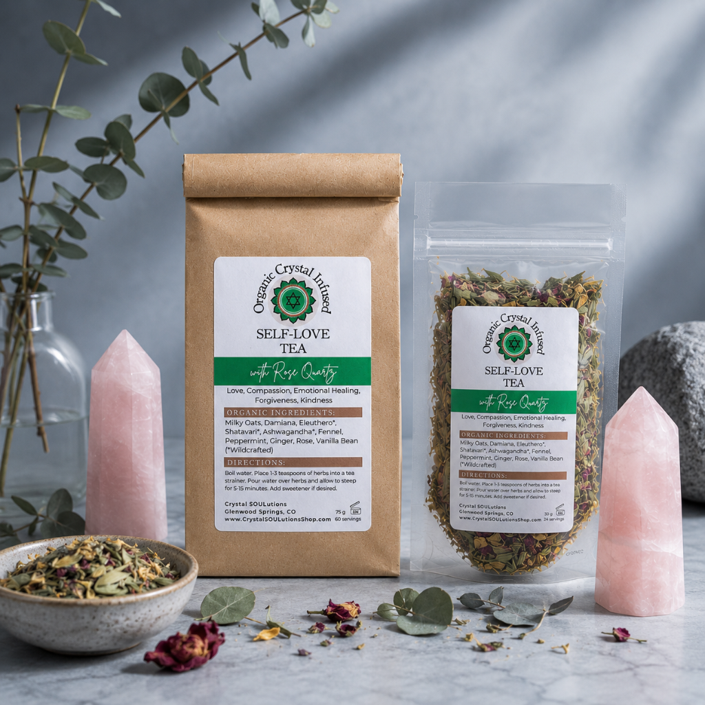 Self-Love Tea – Organic Crystal Infused shown in both available sizes with rose quartz crystals, loose herbal tea blend, eucalyptus accents, and cool-toned botanical styling in a serene studio setting. for — Carpe Diem Dream