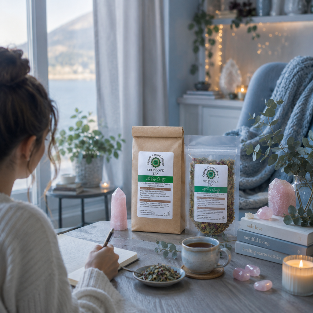 Self-Love Tea – Organic Crystal Infused displayed in a peaceful self-care environment with a journal, herbal tea, rose quartz crystals, and calming wellness elements, inspiring a future centered on emotional healing, self-compassion, mindfulness, and heart-centered living. — Carpe Diem Dream
