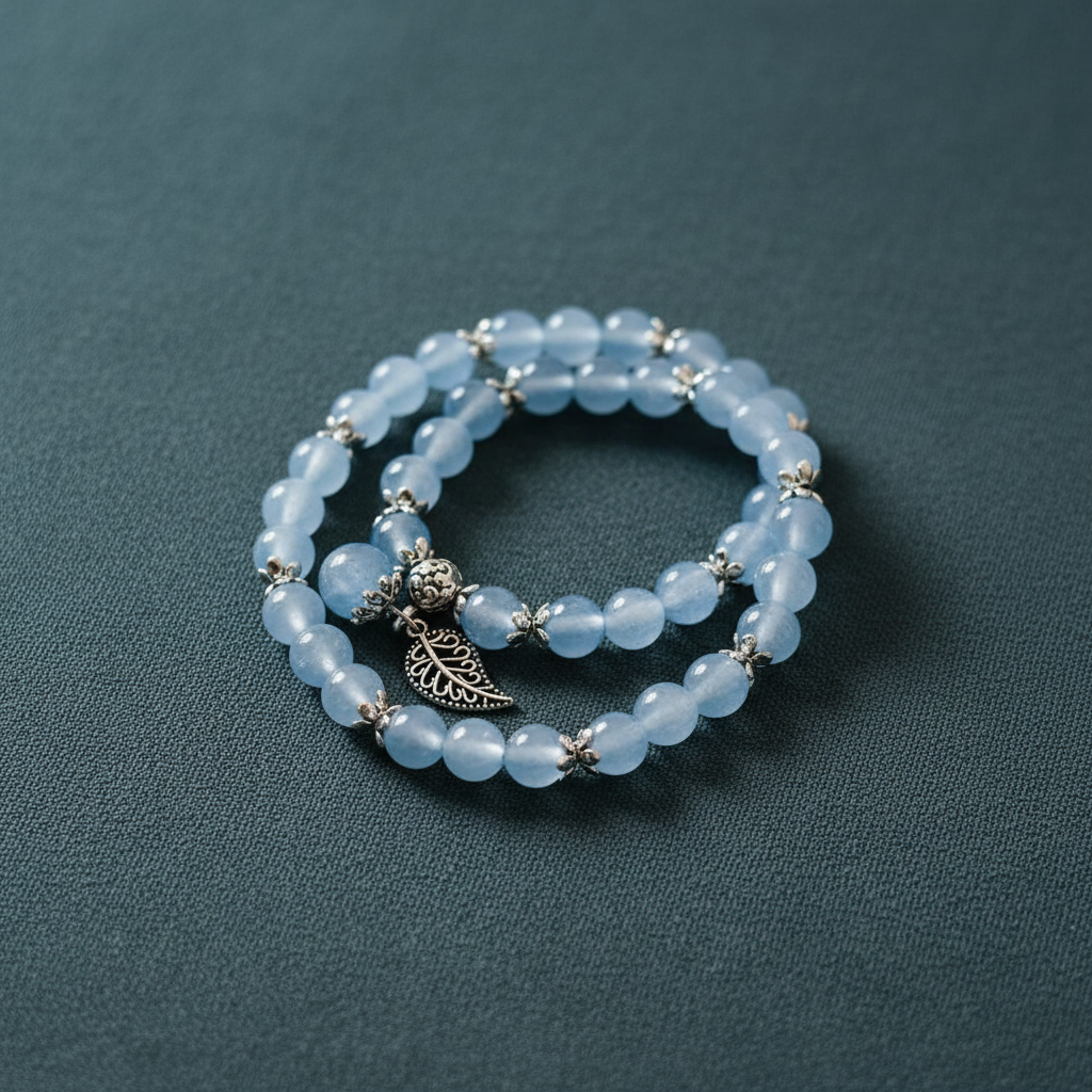 Stacked Serenity Leaf Chalcedony gemstone bracelets displayed on deep teal surface with soft shadow. — for Carpe Diem Dream