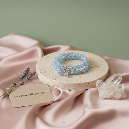 Serenity Leaf Chalcedony gemstone bracelet displayed on travertine pedestal with card reading “Inner Peace Blooms Here” beside crystal cluster and lavender on soft blush fabric. — for Carpe Diem Dream