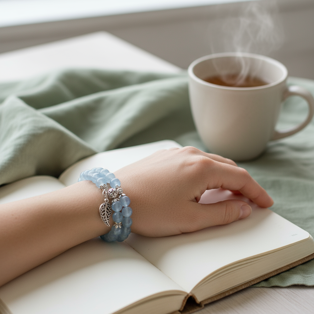 Serenity Leaf Chalcedony gemstone bracelet worn on wrist beside open journal and steaming mug on soft green backdrop — for Carpe Diem Dream