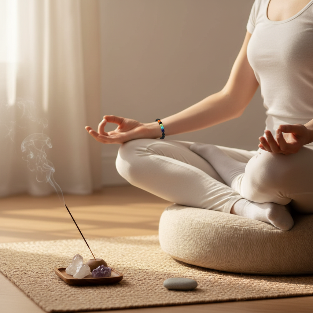 A person wearing a black lava stone chakra bracelet with multicolored beads and a silver Tree of Life charm while meditating indoors beside incense and crystals. — for Carpe Diem Dream