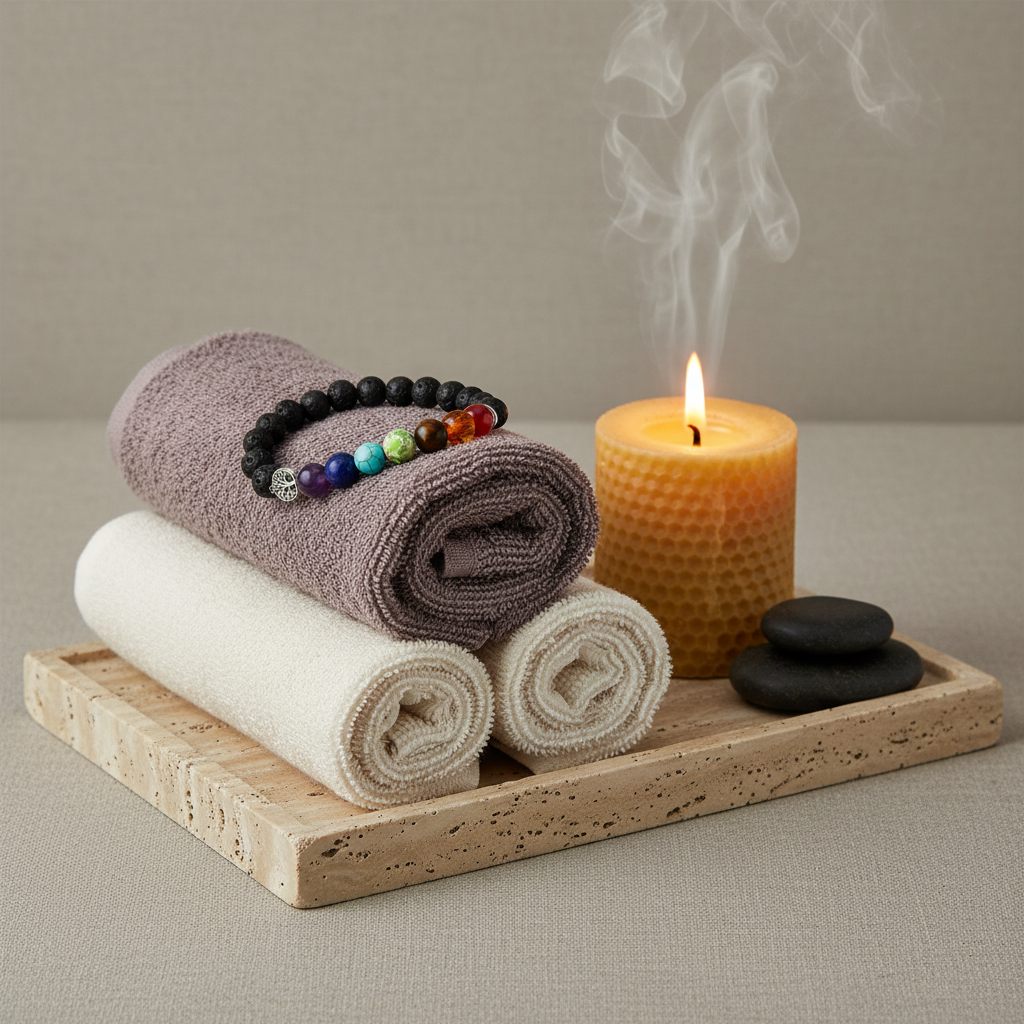 A black lava stone chakra bracelet with multicolored beads and a silver Tree of Life charm displayed on rolled spa towels beside a lit candle and stacked stones. — for Carpe Diem Dream