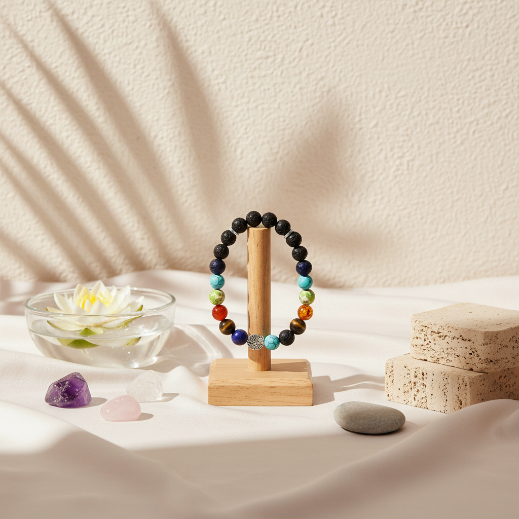 A black lava stone chakra bracelet with multicolored beads and a silver Tree of Life charm displayed upright on a wooden stand with crystals and a water bowl in a styled botanical setting. — for Carpe Diem Dream