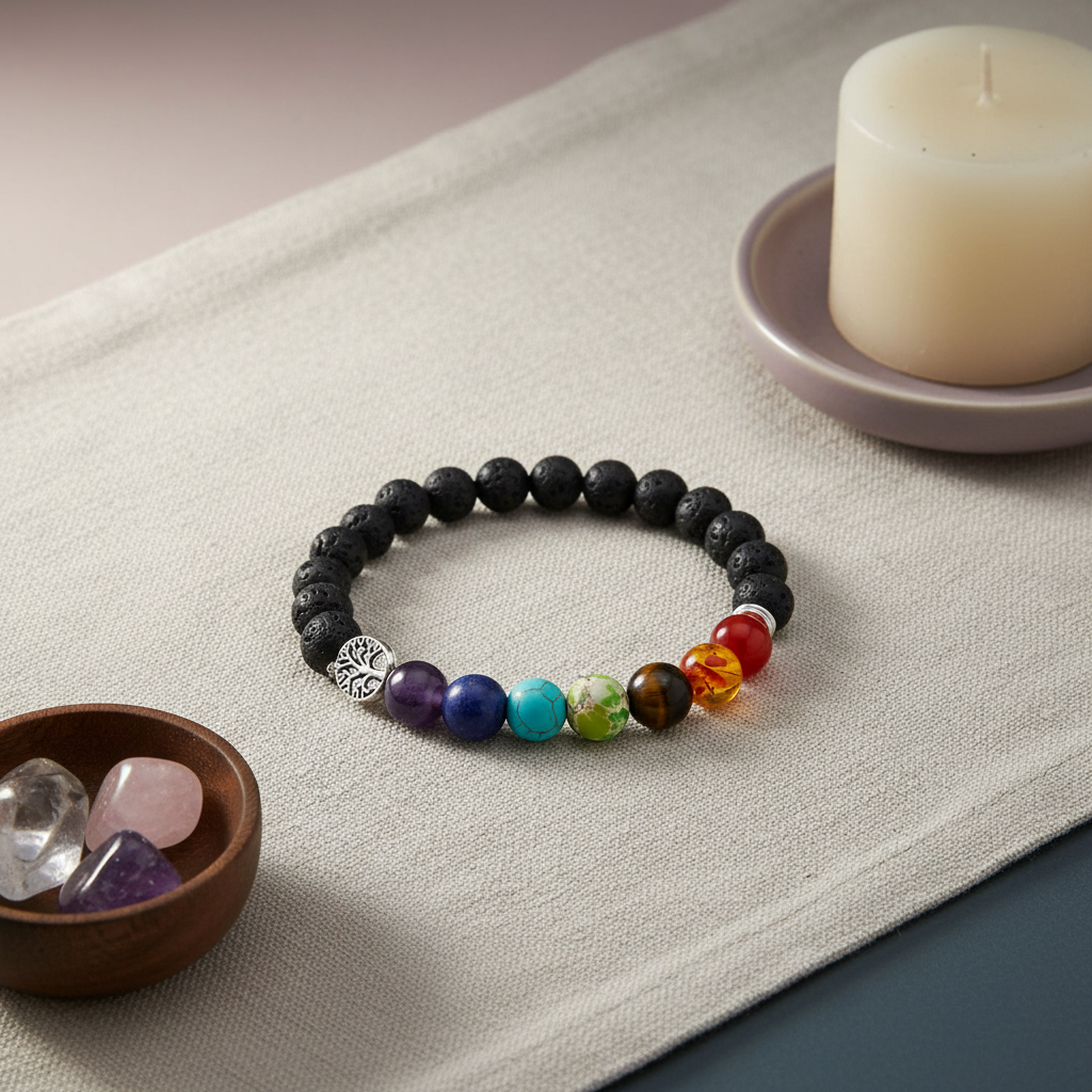 A black lava stone chakra bracelet with multicolored beads and a silver Tree of Life charm displayed on a textured linen surface beside a candle and a bowl of crystals. — for Carpe Diem Dream