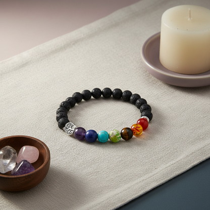 A black lava stone chakra bracelet with multicolored beads and a silver Tree of Life charm displayed on a textured linen surface beside a candle and a bowl of crystals. — for Carpe Diem Dream