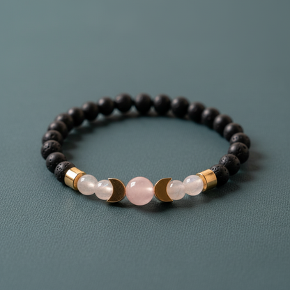 A close-up view of a shungite beaded bracelet accented with rose quartz and moonstone beads on a muted teal background.— for Carpe Diem Dream