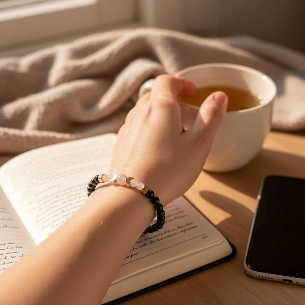 A shungite beaded bracelet accented with rose quartz and moonstone beads displayed on a hand holding a cup, with a notebook and cell phone on a soft surface.— for Carpe Diem Dream.